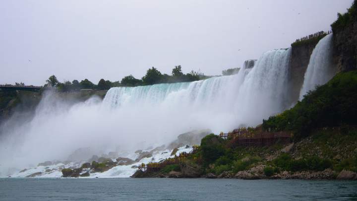 Wide view of Niagara Falls, mist, and sky