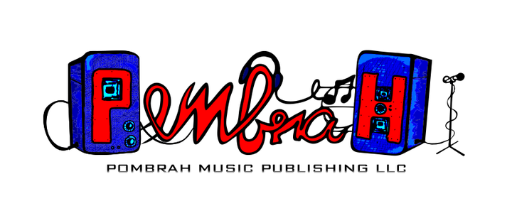 Expressive Pombrah launch logo with illustrated speakers, flowing red lettering, and blue details