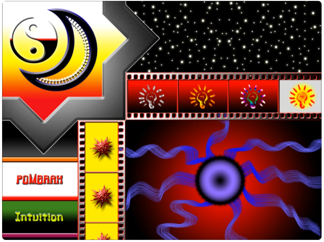 Intuition early Pombrah artwork combining filmstrip, lights, and abstract eye imagery