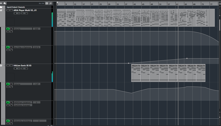 Cubase timeline with dense MIDI passages on ARIA and HALion virtual-instrument tracks plus long volume automation curves